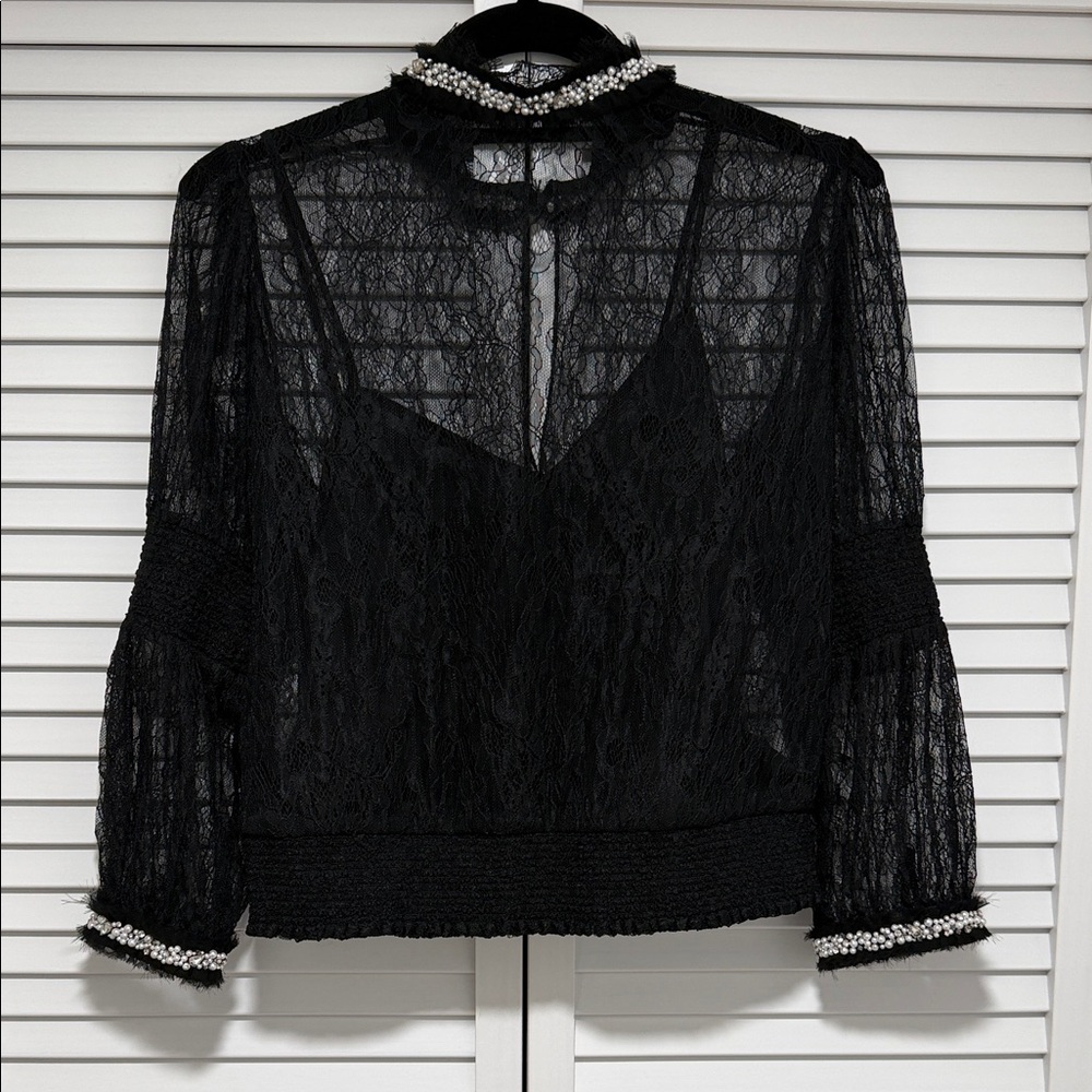 Alice + Olivia Black Sheer Lace Blouse